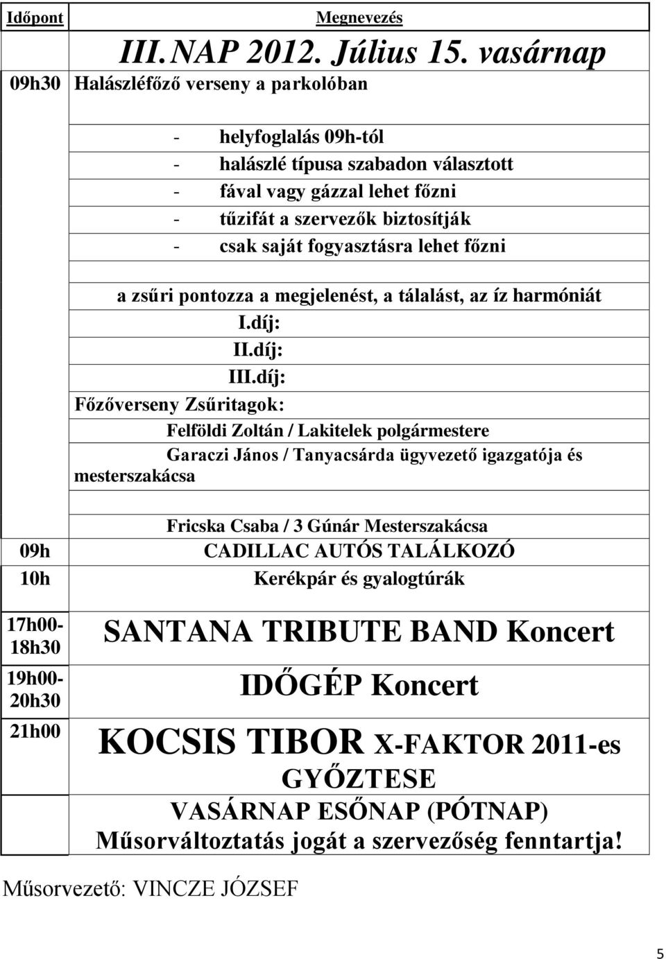 fogyasztásra lehet főzni a zsűri pontozza a megjelenést, a tálalást, az íz harmóniát I.díj: II.díj: III.