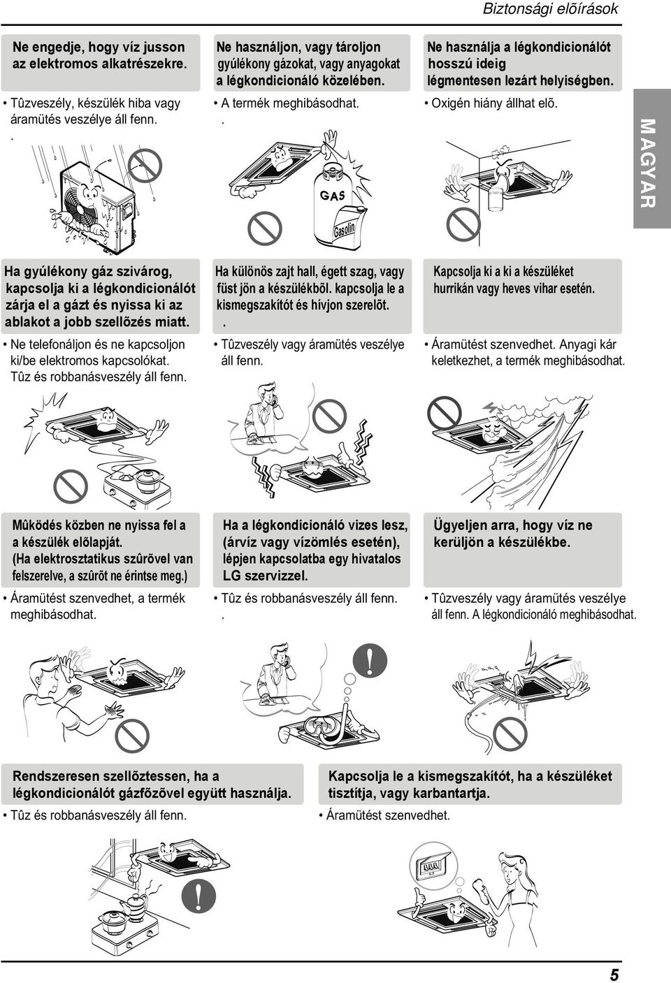 kapcsolja ki a légkondicionálót zárja el a gázt és nyissa ki az ablakot a jobb szellõzés miatt Ne telefonáljon és ne kapcsoljon ki/be elektromos kapcsolókat Tûz és robbanásveszély áll fenn Ha különös