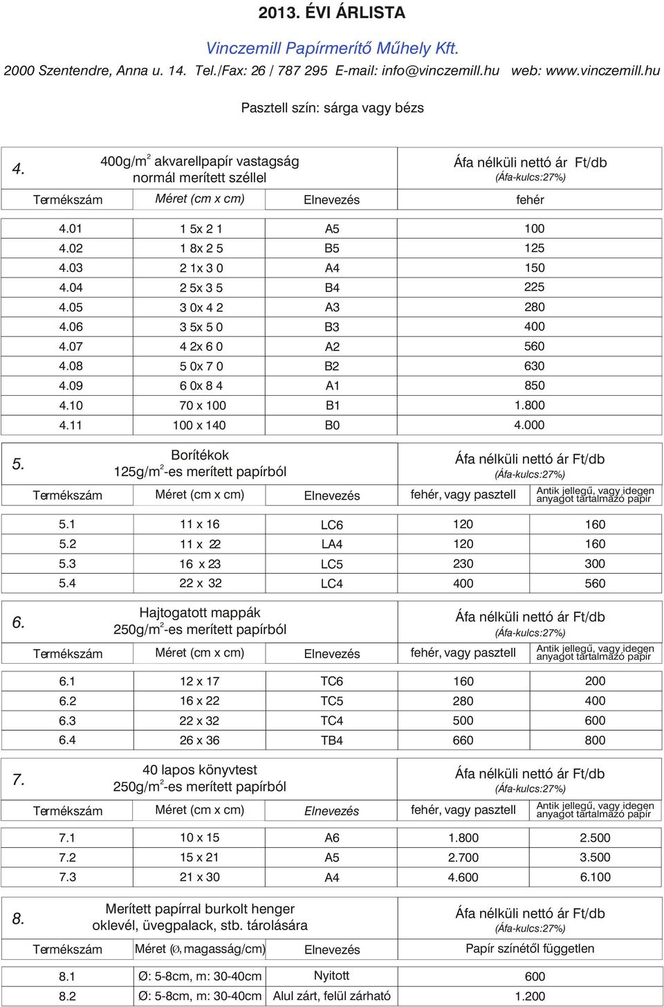 hu Pasztell szín: sárga vagy bézs g/m akvarellpapír vastagság normál merített széllel fehér 01 0 03 04 05 15x1 18x5 1x30 5x35 100 15 150 5 30x4 06 35x50 B3 07 4x60 A 560 08 50x B 09 10 11 60x84 A1