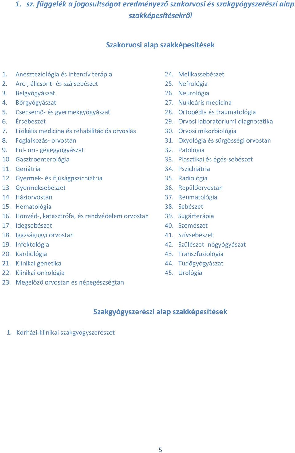 Fül- orr- gégegyógyászat 10. Gasztroenterológia 11. Geriátria 12. Gyermek- és ifjúságpszichiátria 13. Gyermeksebészet 14. Háziorvostan 15. Hematológia 16.