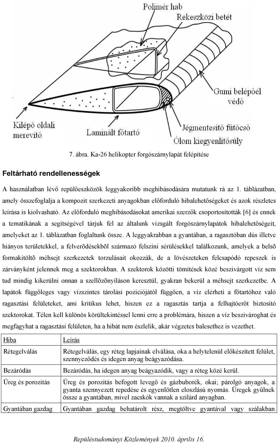 Az előforduló meghibásodásokat amerikai szerzők csoportosították [6] és ennek a tematikának a segítségével tárjuk fel az általunk vizsgált forgószárnylapátok hibalehetőségeit, amelyeket az 1.