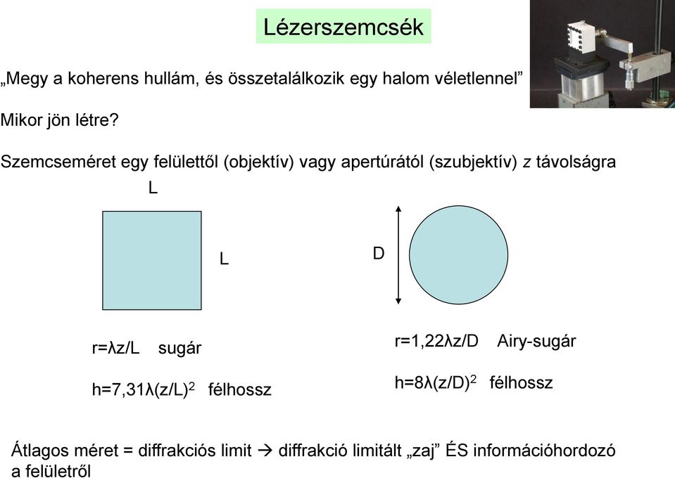 Szemcseméret egy felülettől (objektív) vagy apertúrától (szubjektív) z távolságra L L D