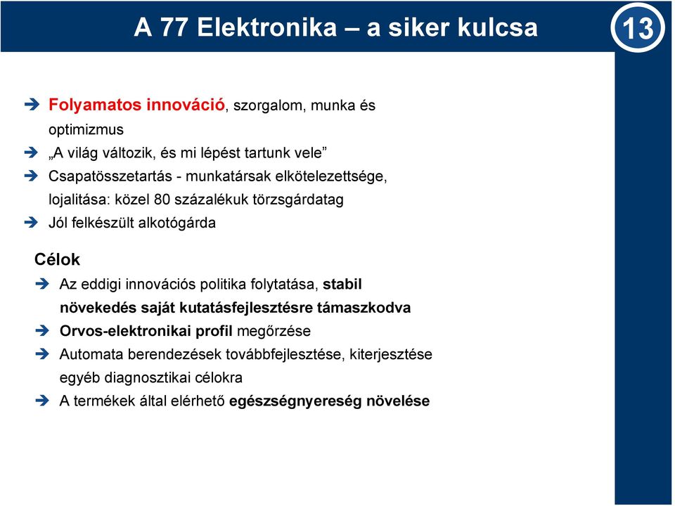 eddigi innovációs politika folytatása, stabil növekedés saját kutatásfejlesztésre támaszkodva Orvos-elektronikai profil megőrzése