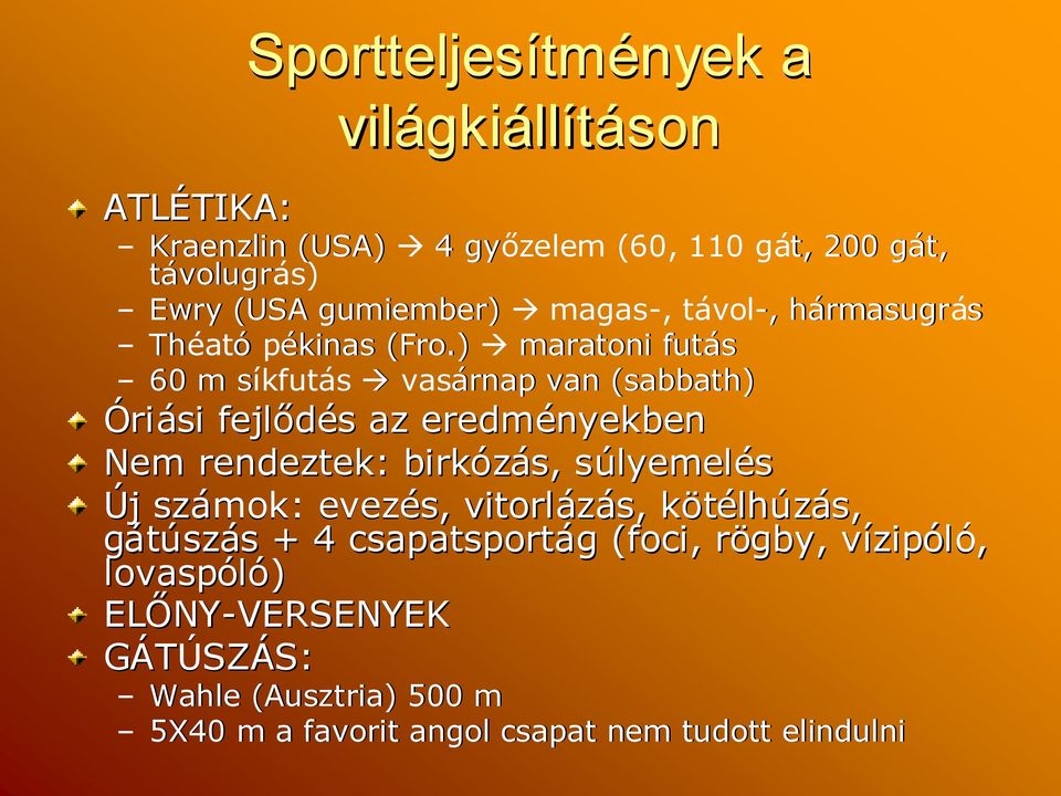 ) maratoni futás 60 m síkfuts kfutás vasárnap van (sabbath) Óriási fejlődés s az eredményekben Nem rendeztek: birkózás, súlyemels lyemelés Újj