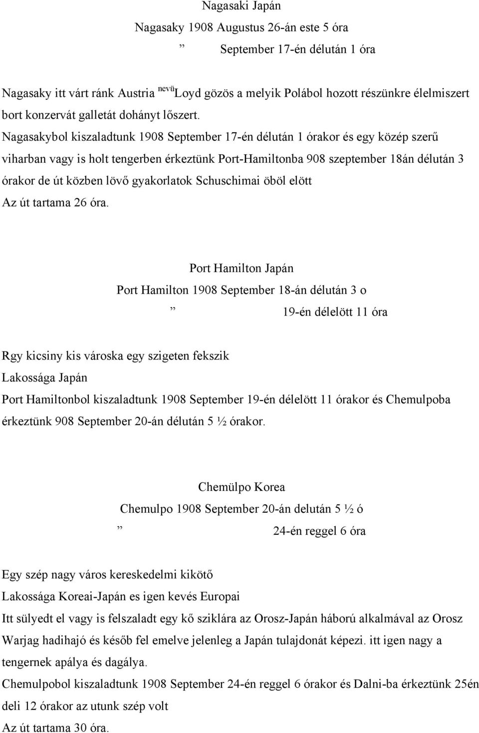 Nagasakybol kiszaladtunk 1908 September 17-én délután 1 órakor és egy közép szerű viharban vagy is holt tengerben érkeztünk Port-Hamiltonba 908 szeptember 18án délután 3 órakor de út közben lövő
