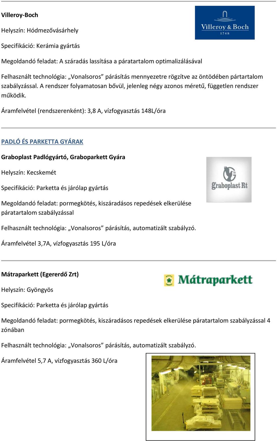 Áramfelvétel (rendszerenként): 3,8 A, vízfogyasztás 148L/óra PADLÓ ÉS PARKETTA GYÁRAK Graboplast Padlógyártó, Graboparkett Gyára Helyszín: Kecskemét Specifikáció: Parketta és járólap gyártás