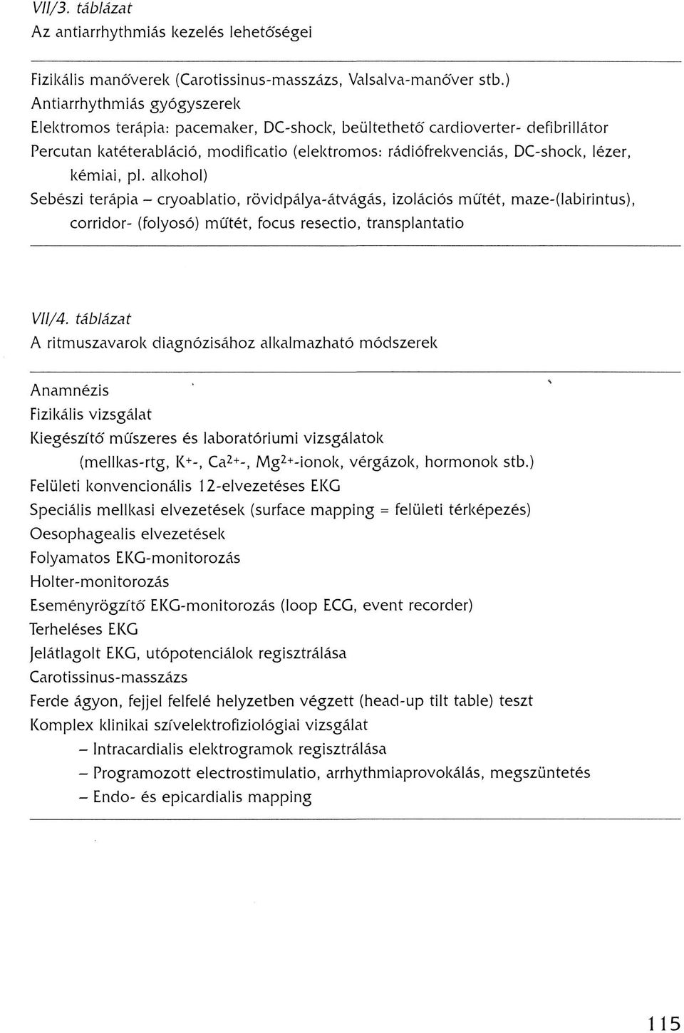 kémiai, pl. alkohol) Sebészi terápia - cryoablatio, rövidpálya-átvágás, izolációs műtét, maze-(labirintus), corridor- (folyosó) műtét, focus resectio, transplantatio W//4.