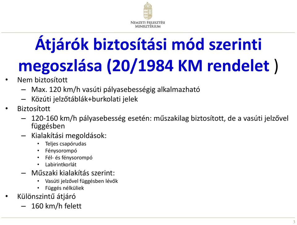 pályasebesség esetén: műszakilag biztosított, de a vasúti jelzővel függésben Kialakítási megoldások: Teljes