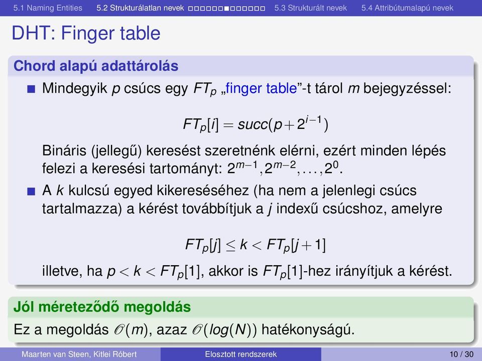 A k kulcsú egyed kikereséséhez (ha nem a jelenlegi csúcs tartalmazza) a kérést továbbítjuk a j indexű csúcshoz, amelyre FT p [j] k < FT p [j + 1]