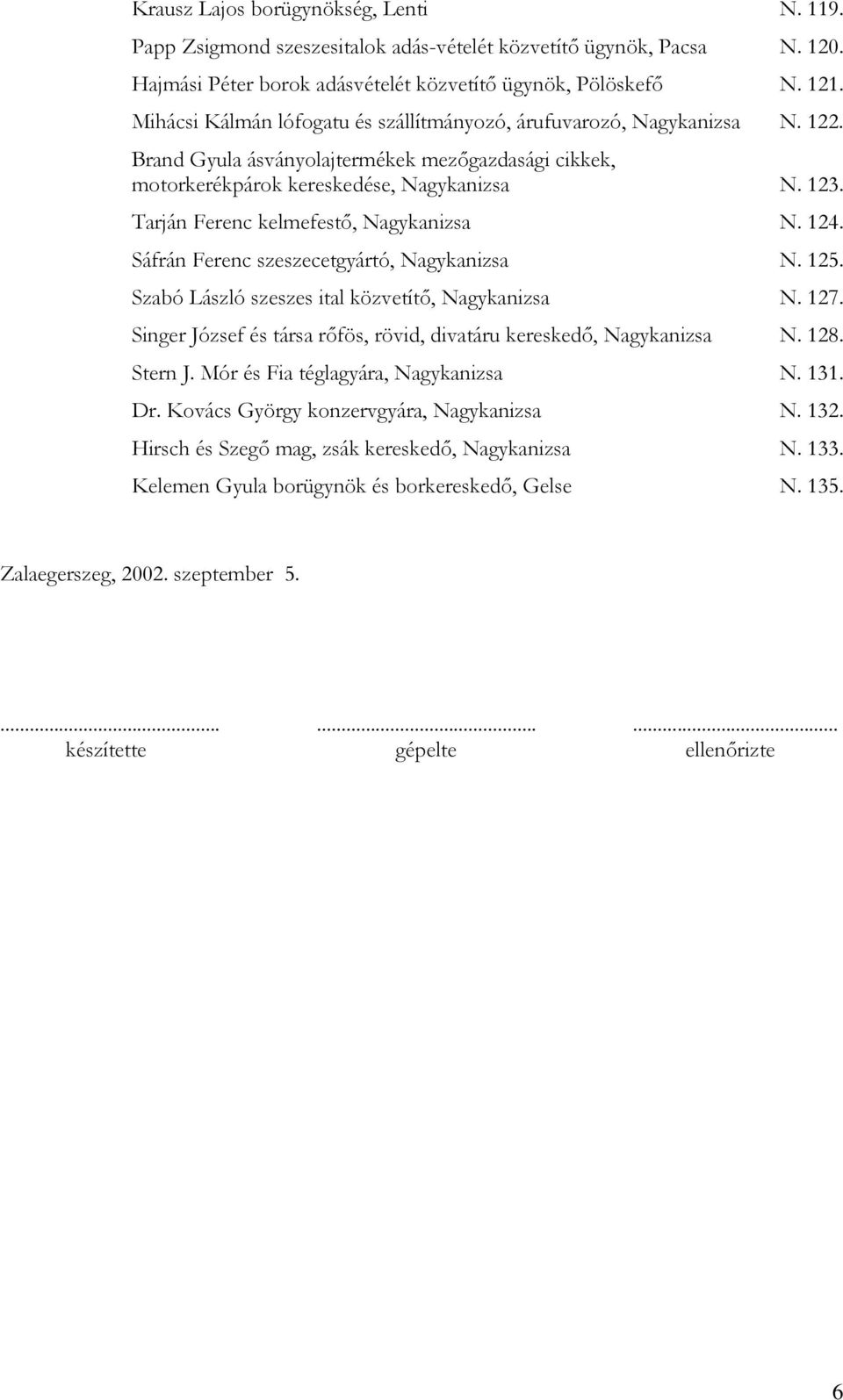 Tarján Ferenc kelmefestő, Nagykanizsa N. 124. Sáfrán Ferenc szeszecetgyártó, Nagykanizsa N. 125. Szabó László szeszes ital közvetítő, Nagykanizsa N. 127.