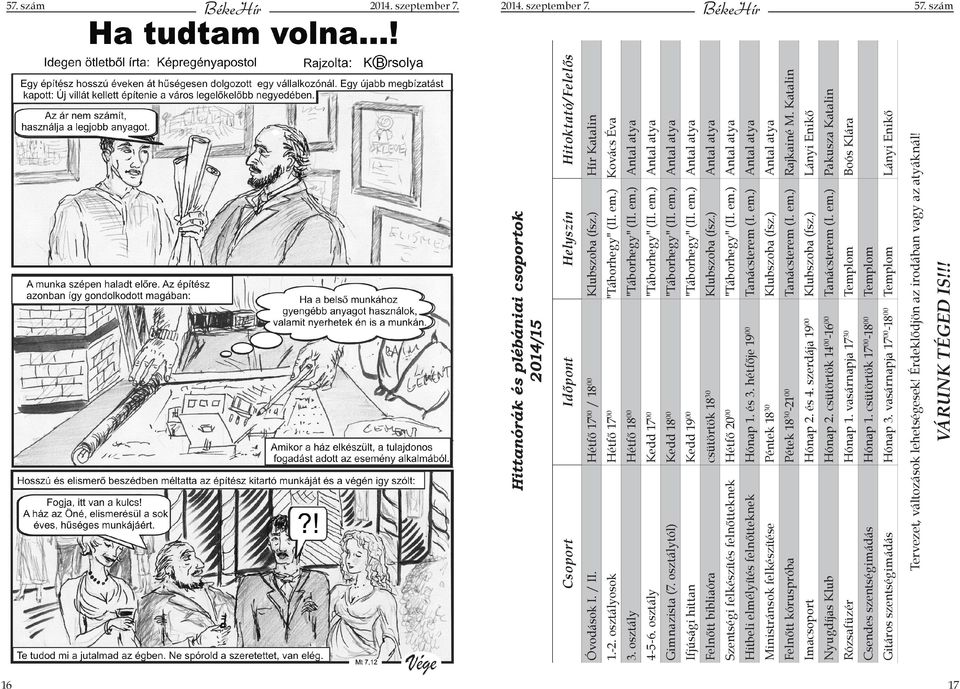 hétfője 19 Hitbeli elmélyítés felnőtteknek Hétfő 20 Szentségi felkészítés felnőtteknek csütörtök 18 Felnőtt bibliaóra 30 Boós Klára Templom Lányi Enikő Pakusza Katalin Lányi Enikő Klubszoba (fsz.