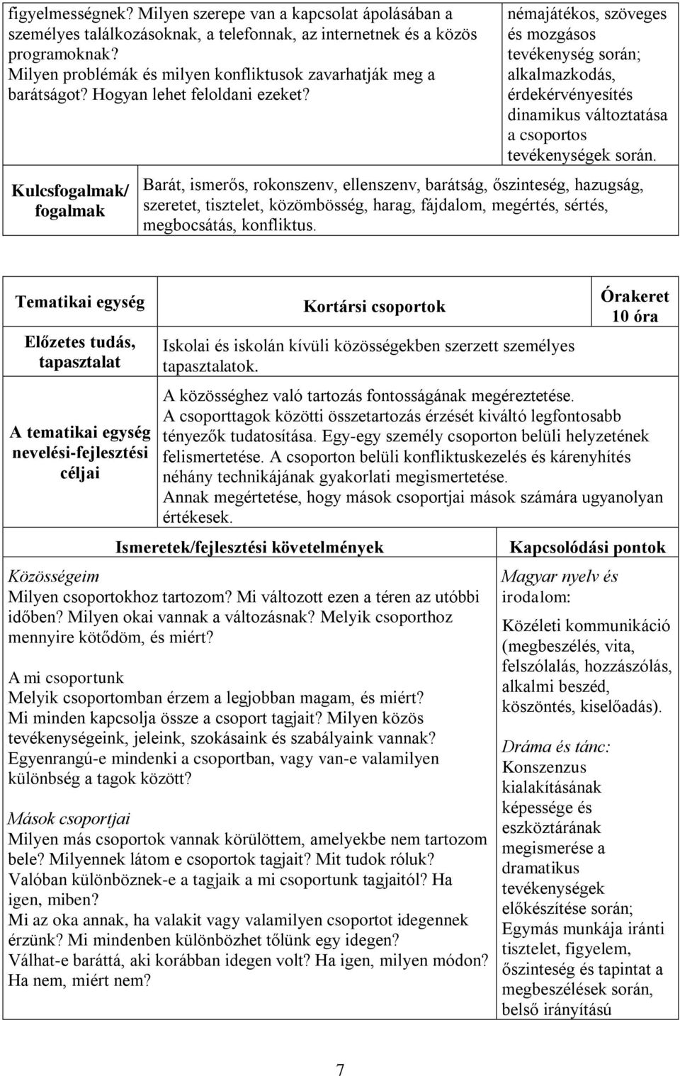 Kulcs/ némajátékos, szöveges és mozgásos tevékenység során; alkalmazkodás, érdekérvényesítés dinamikus változtatása a csoportos tevékenységek során.