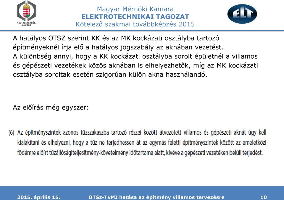 A különbség annyi, hogy a KK kockázati osztályba sorolt épületnél a villamos és gépészeti vezetékek