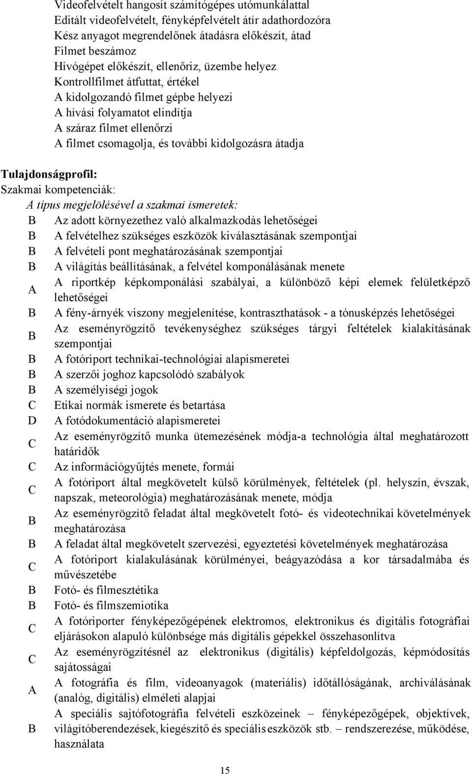 kidolgozásra átadja Tulajdonságprofil: Szakmai kompetenciák: A típus megjelölésével a szakmai ismeretek: B Az adott környezethez való alkalmazkodás lehetőségei B A felvételhez szükséges eszközök