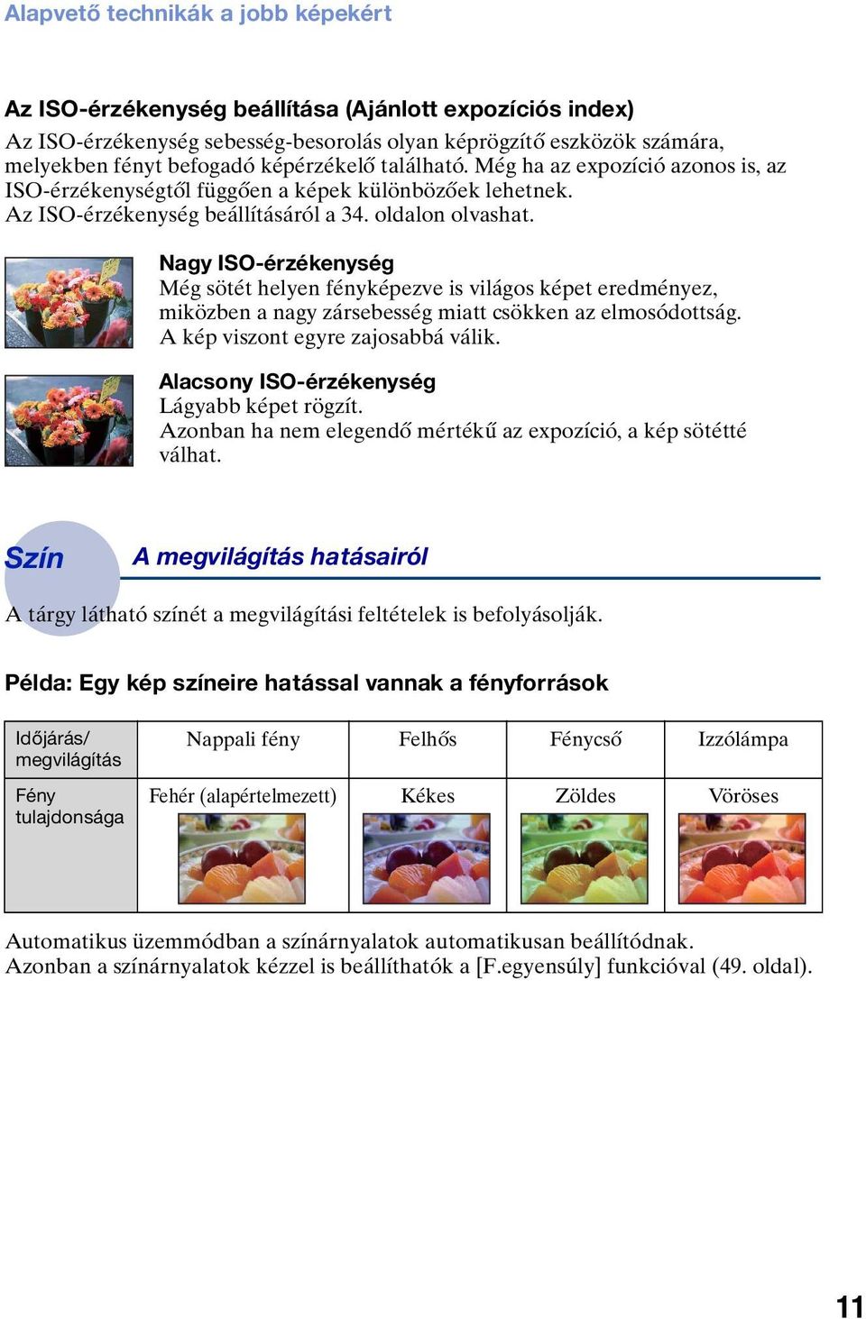 Nagy ISO-érzékenység Még sötét helyen fényképezve is világos képet eredményez, miközben a nagy zársebesség miatt csökken az elmosódottság. A kép viszont egyre zajosabbá válik.