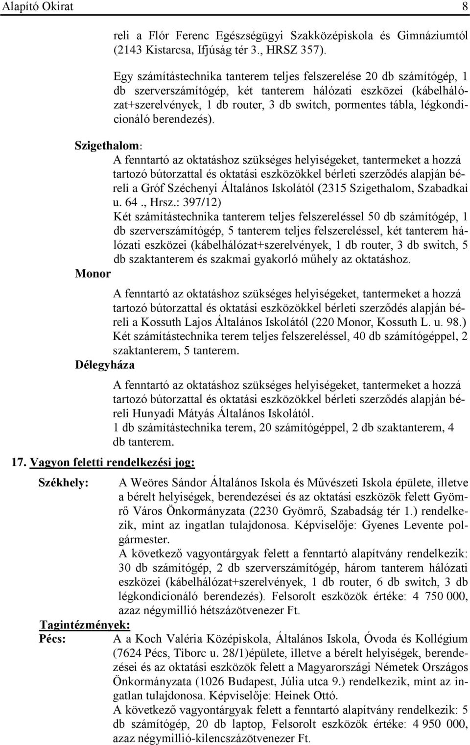 légkondicionáló berendezés). Szigethalom: tartozó bútorzattal és oktatási eszközökkel bérleti szerződés alapján béreli a Gróf Széchenyi Általános Iskolától (2315 Szigethalom, Szabadkai u. 64., Hrsz.