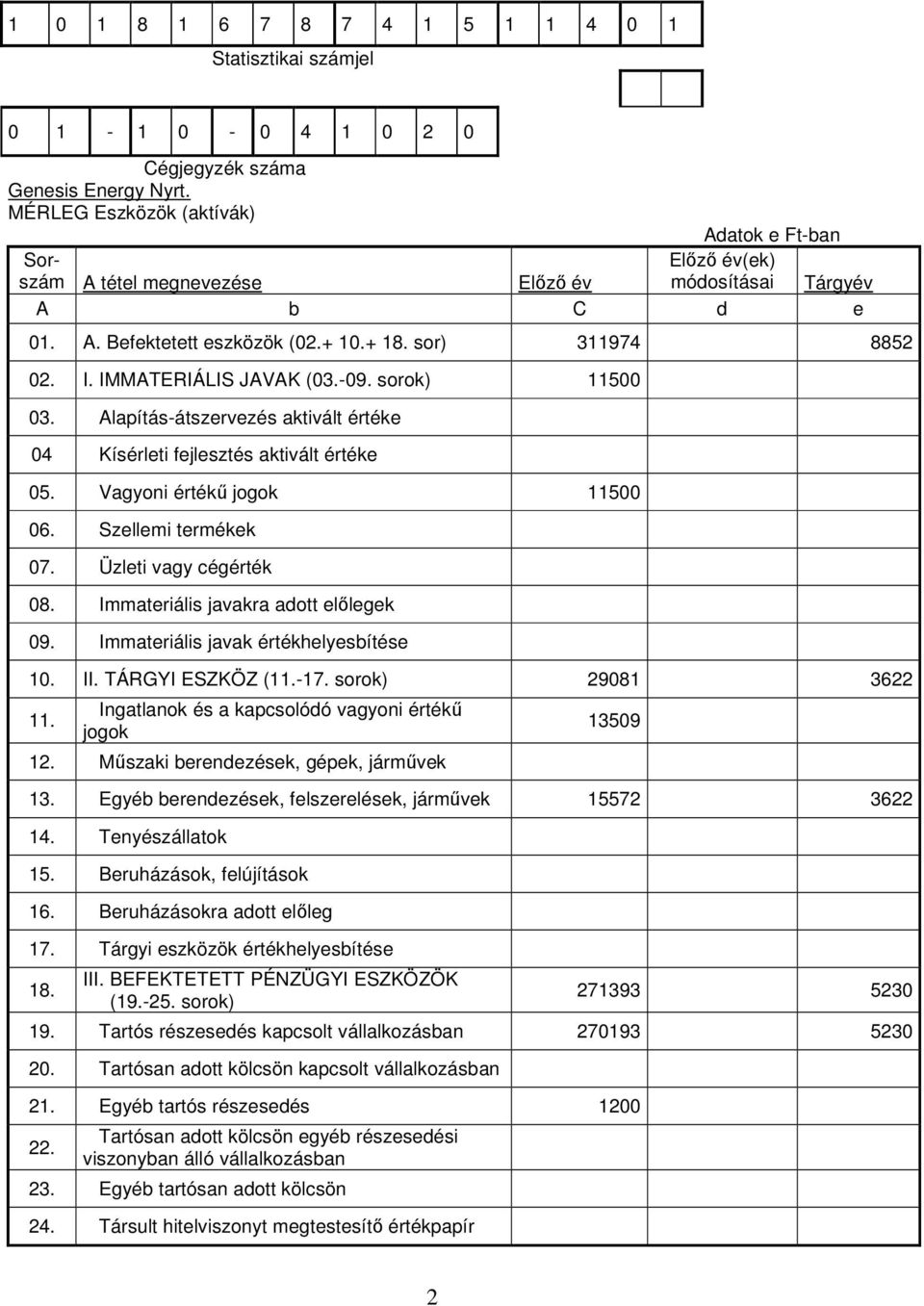 IMMATERIÁLIS JAVAK (03.-09. sorok) 11500 03. Alapítás-átszervezés aktivált értéke 04 Kísérleti fejlesztés aktivált értéke 05. Vagyoni értékő jogok 11500 06. Szellemi termékek 07.