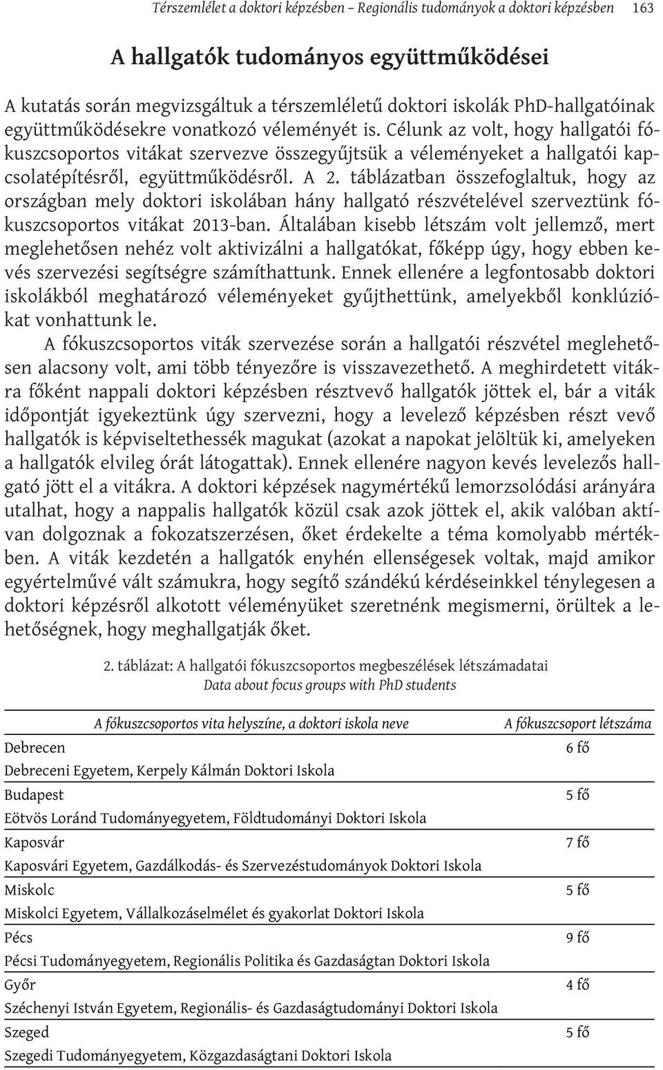 táblázatban összefoglaltuk, hogy az országban mely doktori iskolában hány hallgató részvételével szerveztünk fókuszcsoportos vitákat 2013-ban.