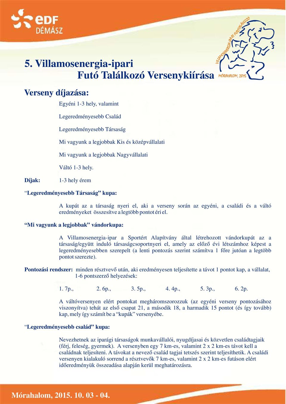 Mi vagyunk a legjobbak vándorkupa: A Villamosenergia-ipar a Sportért Alapítvány által létrehozott vándorkupát az a társaság/együtt induló társaságcsoportnyeri el, amely az előző évi létszámhoz képest