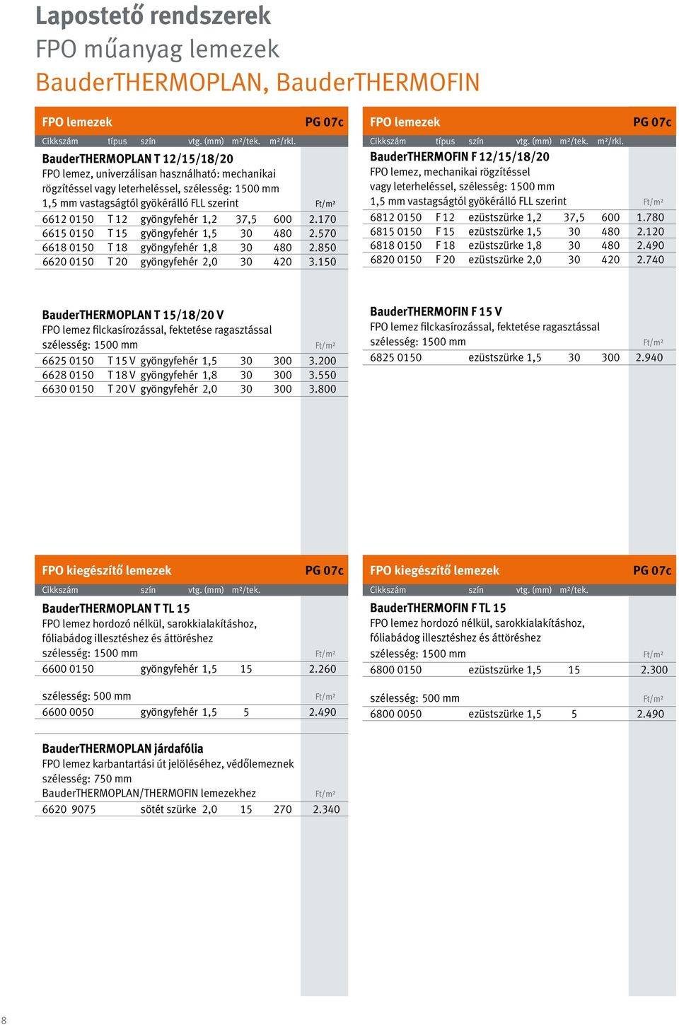 gyöngyfehér 1,2 37,5 600 2.170 6615 0150 T 15 gyöngyfehér 1,5 30 480 2.570 6618 0150 T 18 gyöngyfehér 1,8 30 480 2.850 6620 0150 T 20 gyöngyfehér 2,0 30 420 3.150 FPO lemezek típus szín vtg.