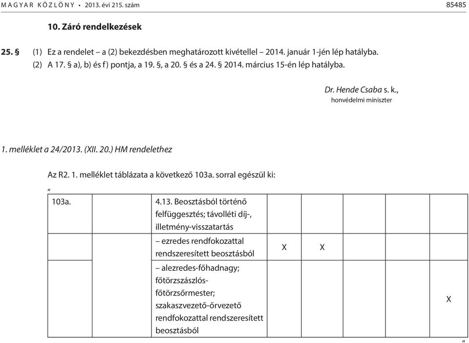 1. melléklet táblázata a következő 103a. sorral egészül ki: 103a. 4.13.