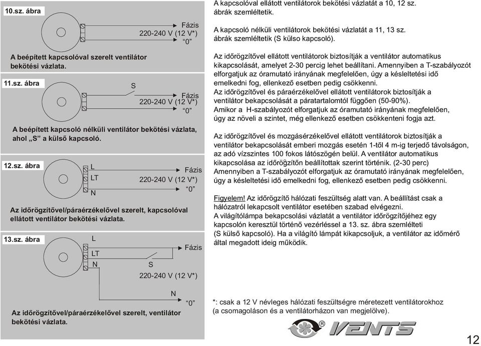 A kpcsoló nélküli vntilátorok kötési vázltát 11, 1 sz. árák szmlélttik (S külso kpcsoló). Az idõrögzítõvl llátott vntilátorok iztosítják vntilátor utomtikus kikpcsolását, mlyt -0 prcig lht állítni.