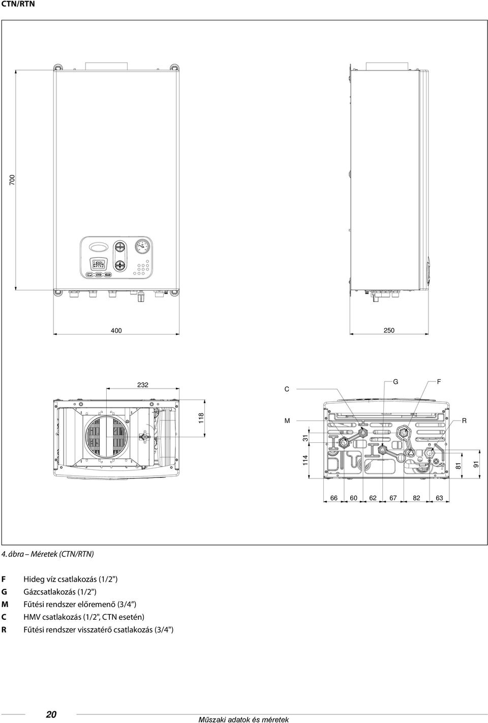 (1/2") M Fűtési rendszer előremenő (3/4 ) C HMV csatlakozás (1/2", CTN