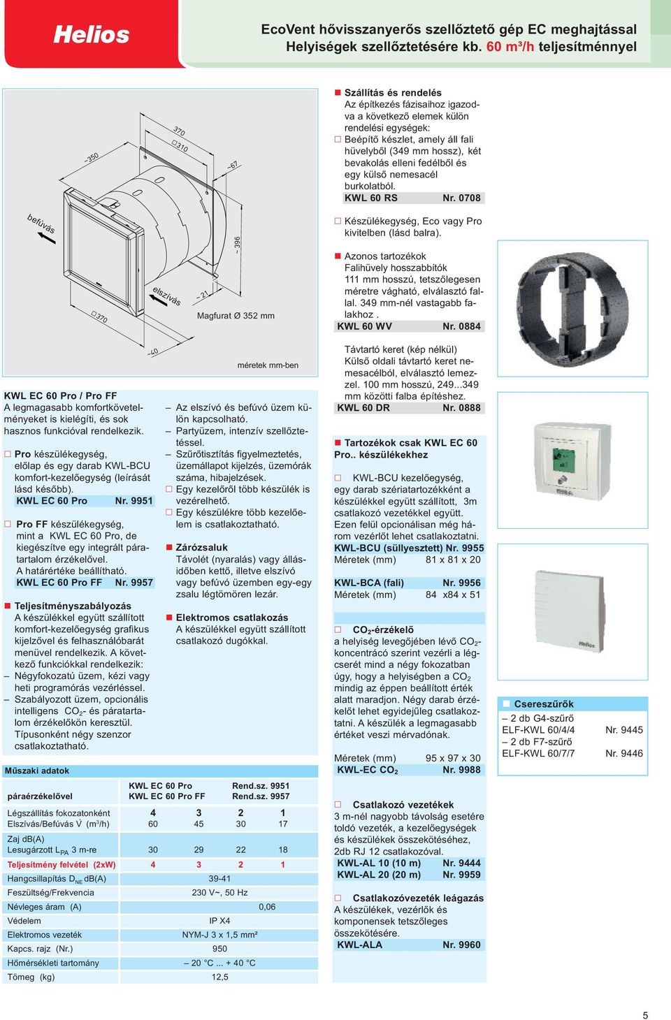 elleni fedélből és egy külső nemesacél burkolatból. KWL 60 RS Nr. 0708 befúvás elszívás Magfurat Ø 352 mm Készülékegység, Eco vagy Pro kivitelben (lásd balra).