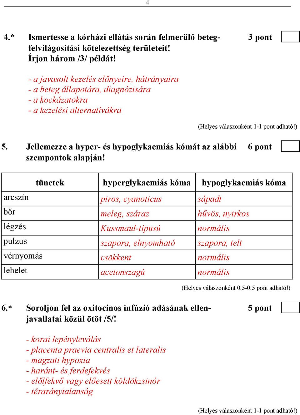 Jellemezze a hyper- és hypoglykaemiás kómát az alábbi 6 pont szempontok alapján!