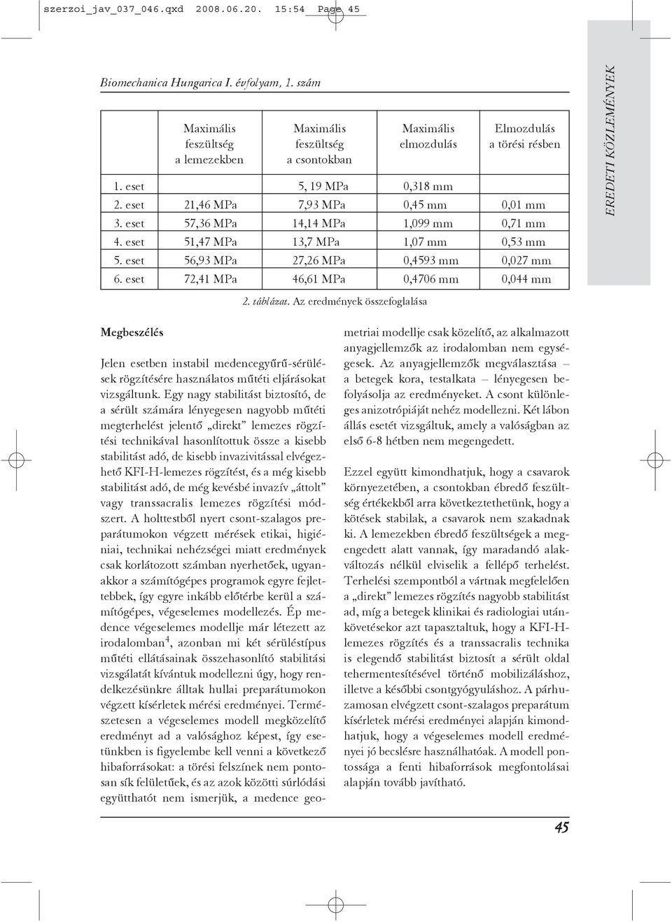 eset 72,41 MPa 46,61 MPa 0,4706 mm 0,044 mm 2. táblázat. Az eredmények összefoglalása Megbeszélés Jelen esetben instabil medencegyûrû-sérülések rögzítésére használatos mûtéti eljárásokat vizsgáltunk.