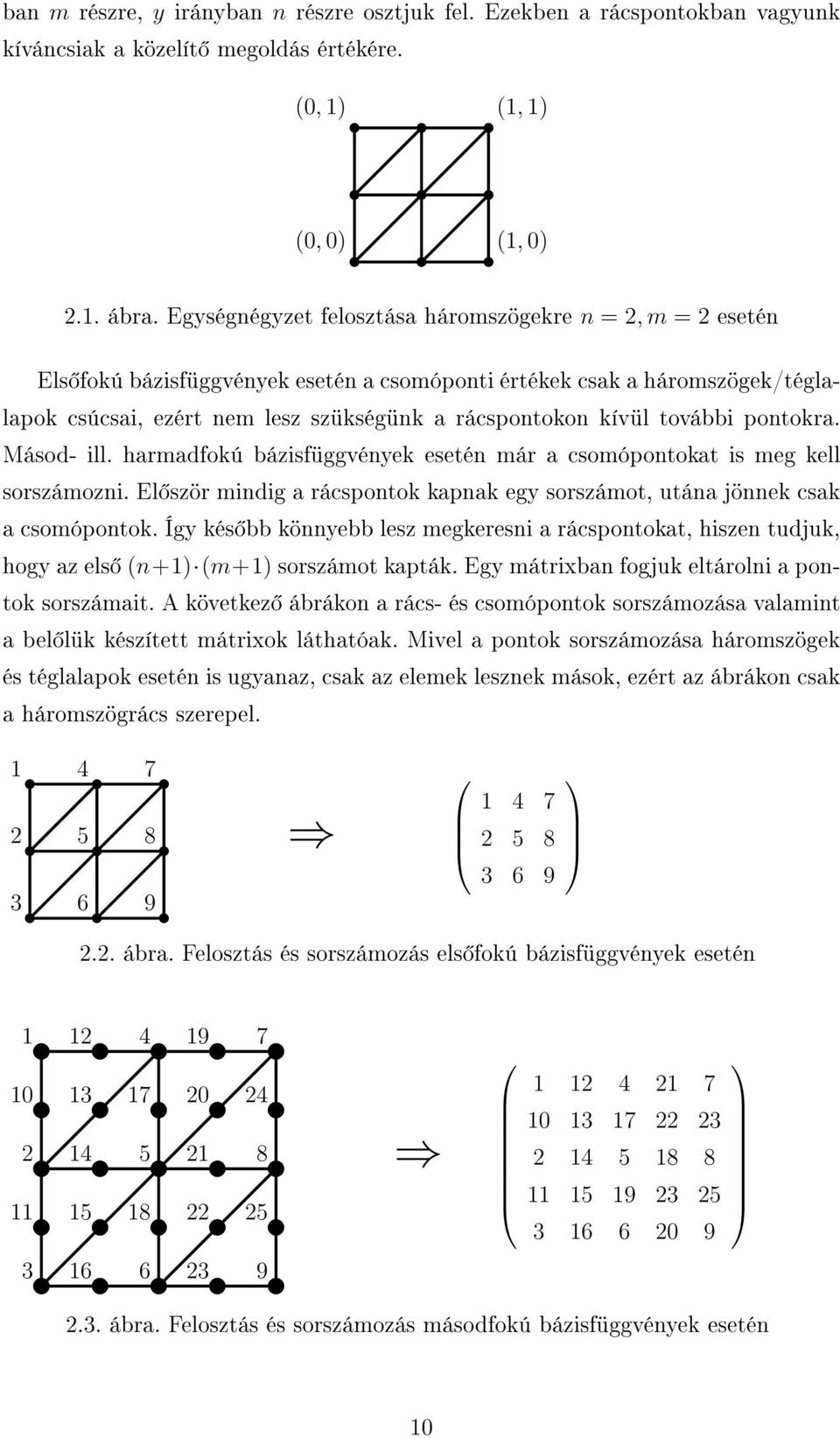 további pontokra. Másod- ill. harmadfokú bázisfüggvények esetén már a csomópontokat is meg kell sorszámozni. El ször mindig a rácspontok kapnak egy sorszámot, utána jönnek csak a csomópontok.
