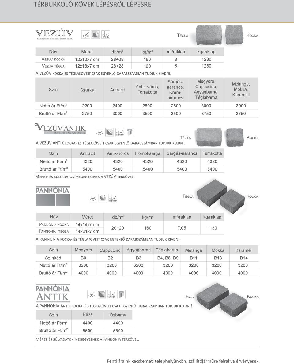 darabszámban tudjuk kiadni. Antracit Antik-vörös Homoksárga Sárgás-narancs 4320 4320 4320 4320 Bruttó ár Ft/m 2 5400 5400 5400 5400 Méret- és súlyadatok megegyeznek a VEZÚV térkővel.