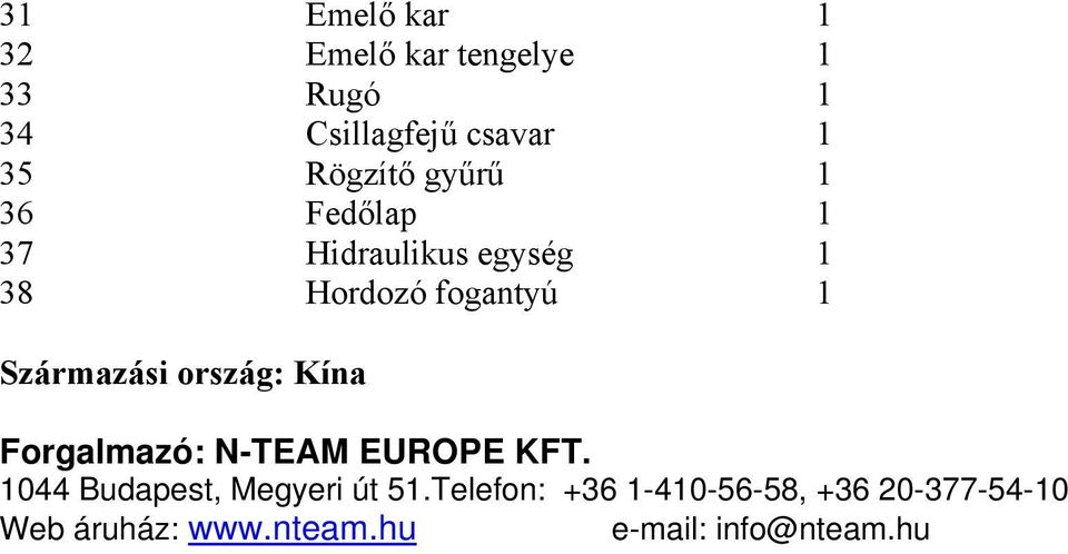 Származási ország: Kína Forgalmazó: N-TEAM EUROPE KFT.