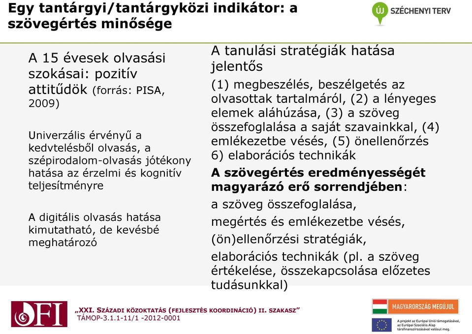 beszélgetés az olvasottak tartalmáról, (2) a lényeges elemek aláhúzása, (3) a szöveg összefoglalása a saját szavainkkal, (4) emlékezetbe vésés, (5) önellenőrzés 6) elaborációs technikák A