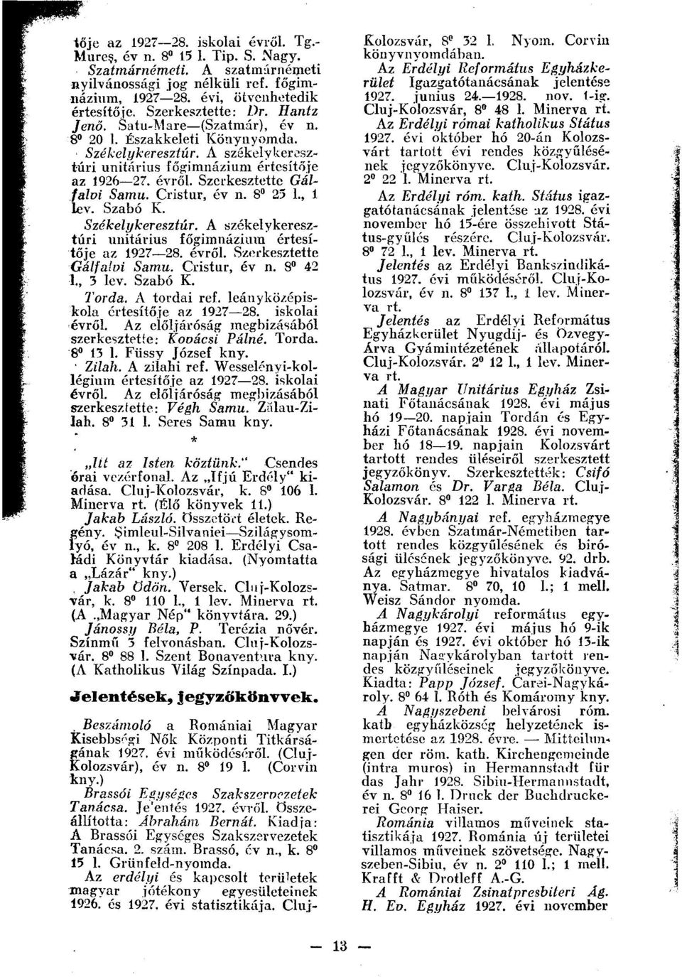 Szerkesztette Gálfalvi Samu. Cristur, év n. 8 25 1., 1 lev. Szabó K. Székelykeresztúr. A székely keresztúri unitárius főgimnázium értesítője az 1927 28. évről. Szerkesztette Gálfa'oi Samu.