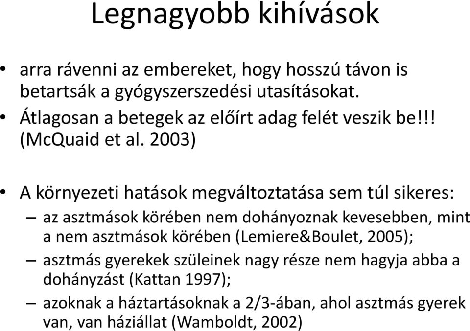 2003) A környezeti hatások megváltoztatása sem túl sikeres: az asztmások körében nem dohányoznak kevesebben, mint a nem asztmások