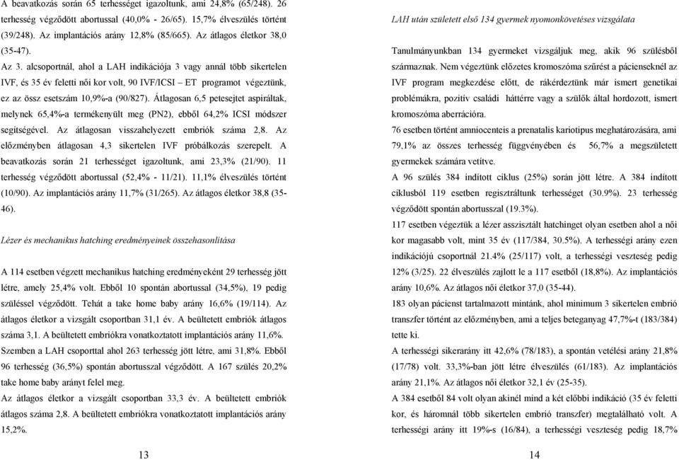 alcsoportnál, ahol a LAH indikációja 3 vagy annál több sikertelen IVF, és 35 év feletti női kor volt, 90 IVF/ICSI ET programot végeztünk, ez az össz esetszám 10,9%-a (90/827).