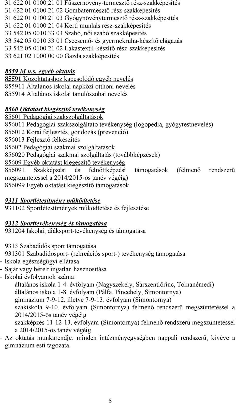 rész-szakképesítés 33 621 02 1000 00 00 Gazda szakképesítés 8559 M.n.s. egyéb oktatás 85591 Közoktatáshoz kapcsolódó egyéb nevelés 855911 Általános iskolai napközi otthoni nevelés 855914 Általános