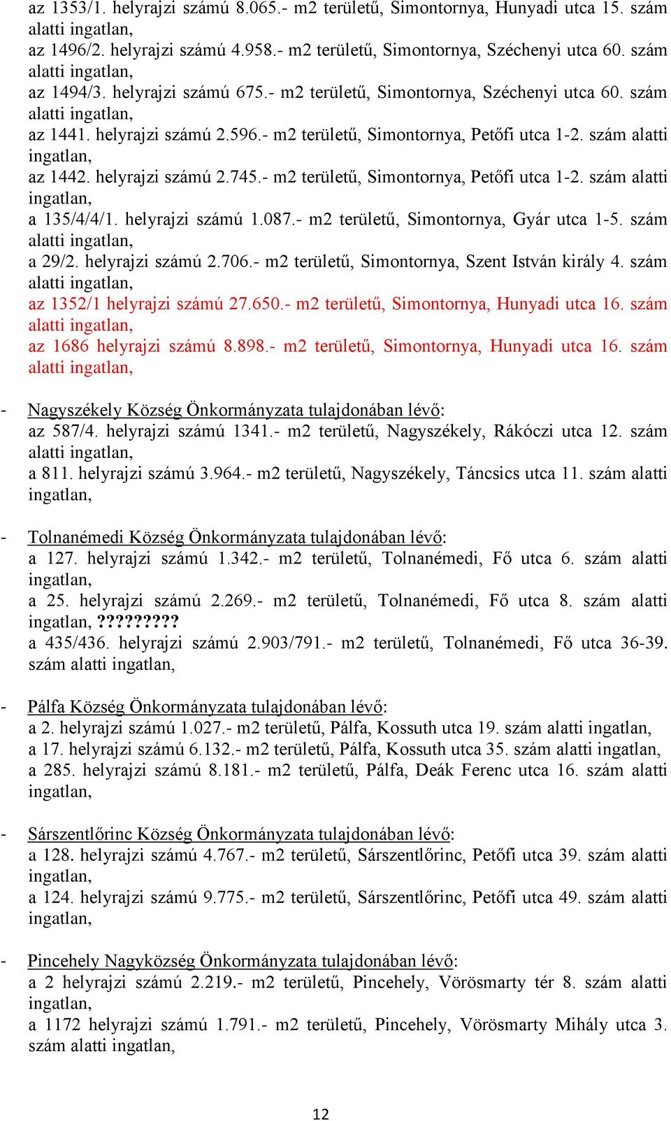 szám alatti ingatlan, az 1442. helyrajzi számú 2.745.- m2 területű, Simontornya, Petőfi utca 1-2. szám alatti ingatlan, a 135/4/4/1. helyrajzi számú 1.087.- m2 területű, Simontornya, Gyár utca 1-5.