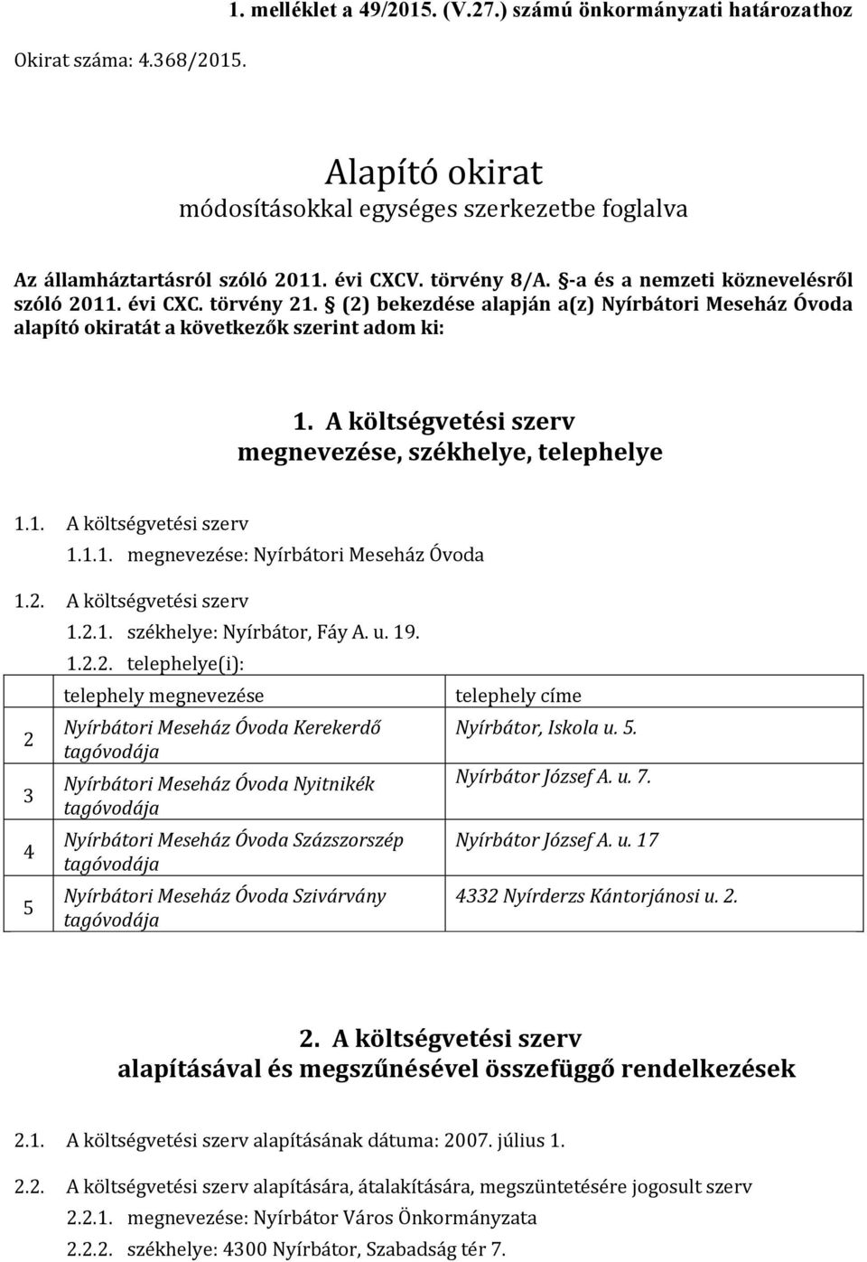 A költségvetési szerv megnevezése, székhelye, telephelye 1.1. A költségvetési szerv 1.1.1. megnevezése: Nyírbátori Meseház Óvoda 1.. A költségvetési szerv 5 1..1. székhelye: Nyírbátor, Fáy A. u. 19.