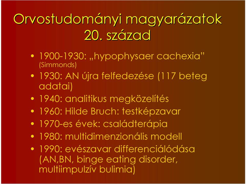 beteg adatai) 1940: analitikus megközelítés 1960: Hilde Bruch: testképzavar 1970-es