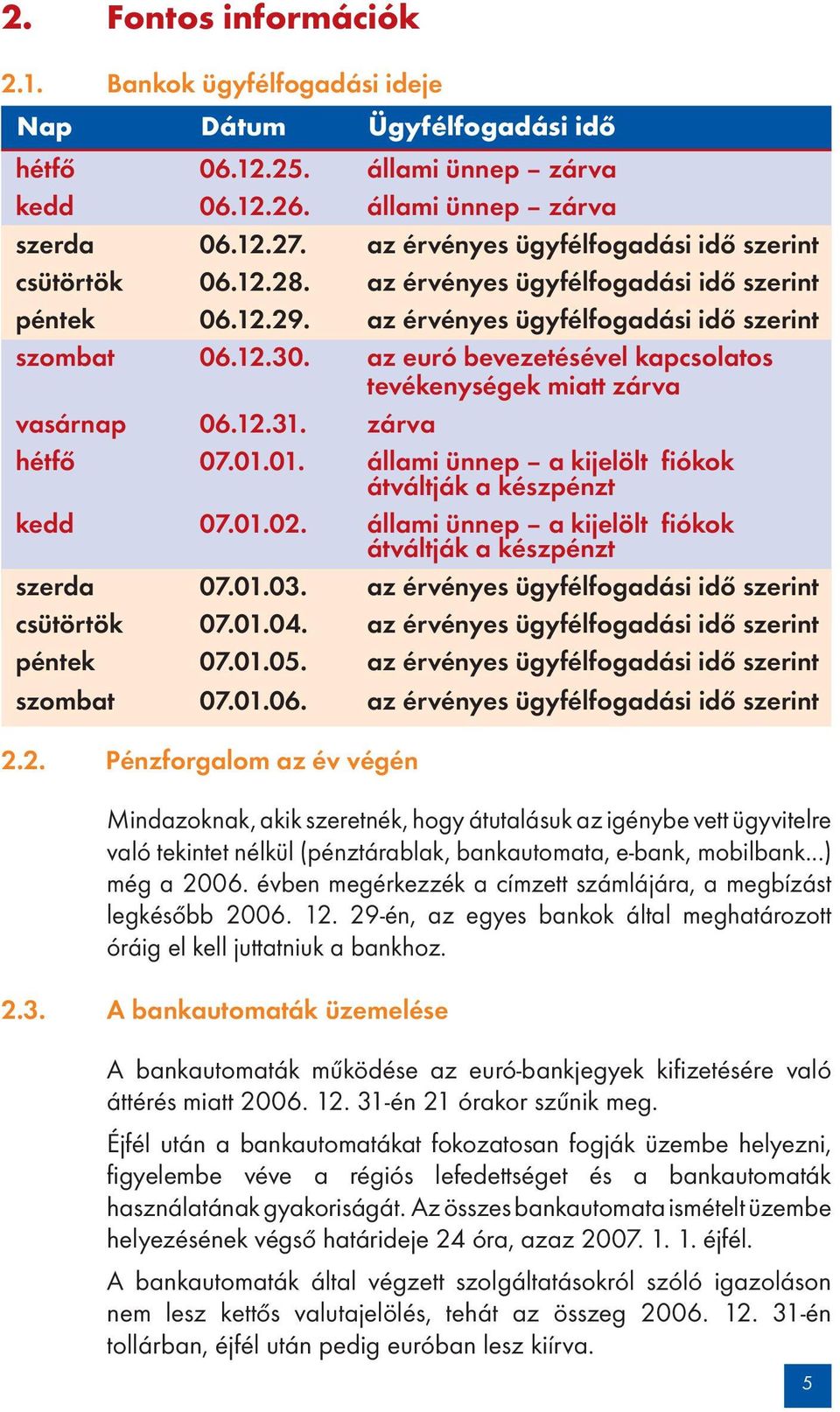 az euró bevezetésével kapcsolatos tevékenységek miatt zárva vasárnap 06.12.31. zárva hétfő 07.01.01. állami ünnep a kijelölt fiókok átváltják a készpénzt kedd 07.01.02.