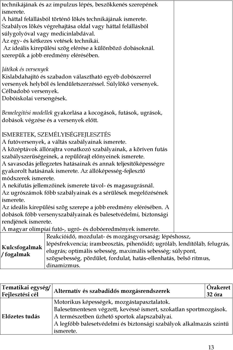 szerepük a jobb eredmény elérésében. Játékok és versenyek Kislabdahajító és szabadon választható egyéb dobószerrel versenyek helyből és lendületszerzéssel. Súlylökő versenyek. Célbadobó versenyek.
