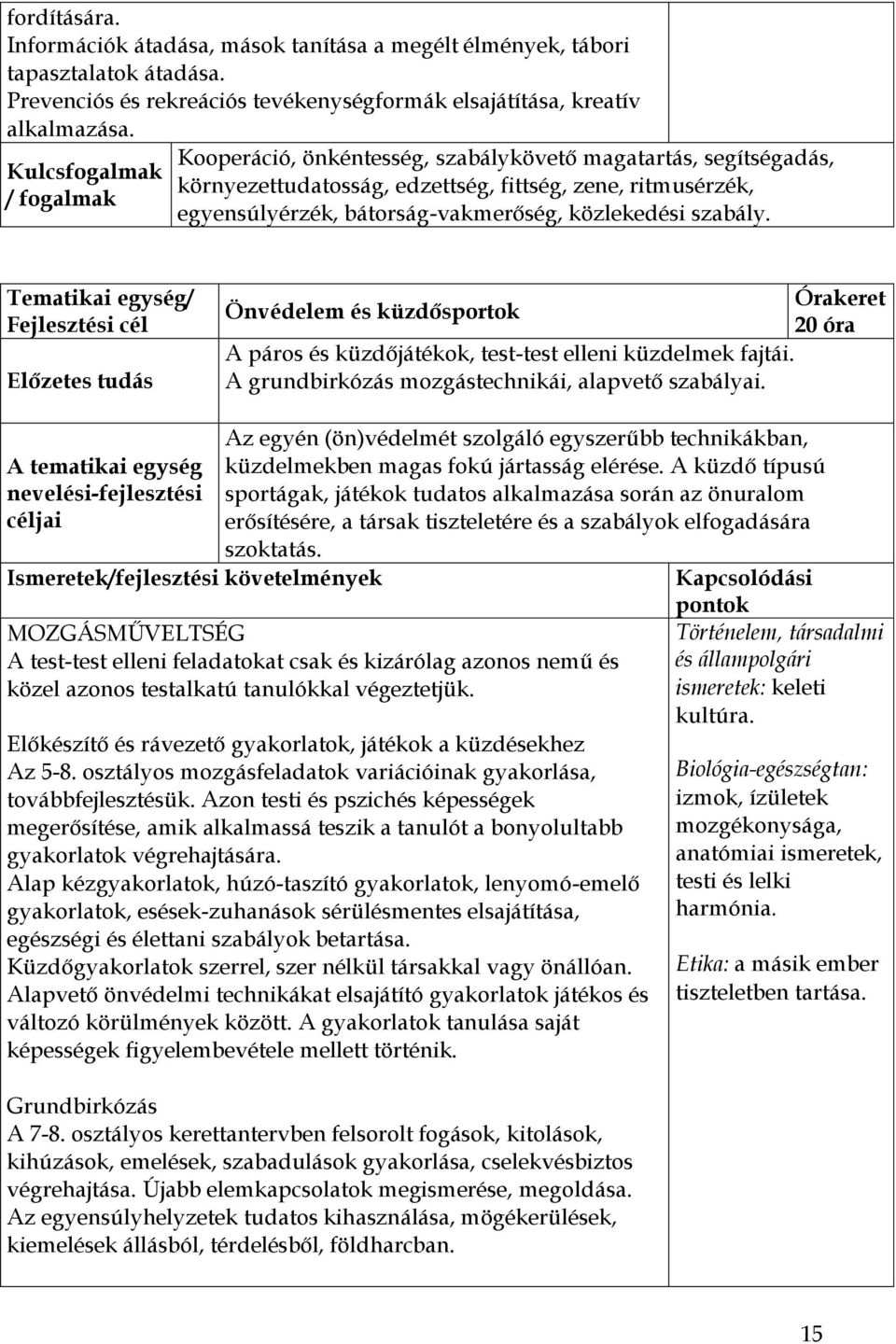 szabály. Tematikai egység/ Fejlesztési cél Előzetes tudás Órakeret Önvédelem és küzdősportok 20 óra A páros és küzdőjátékok, test-test elleni küzdelmek fajtái.