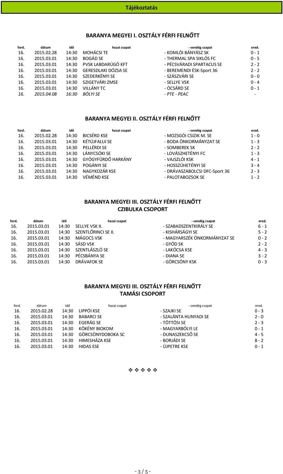 2015.04.08 16:30 BÓLYI SE - PTE - PEAC - BARANYA MEGYEI II. OSZTÁLY FÉRFI FELNŐTT 16. 2015.02.28 14:30 BICSÉRD KSE - MOZSGÓI CSIZIK M. SE 1-0 16. 2015.03.