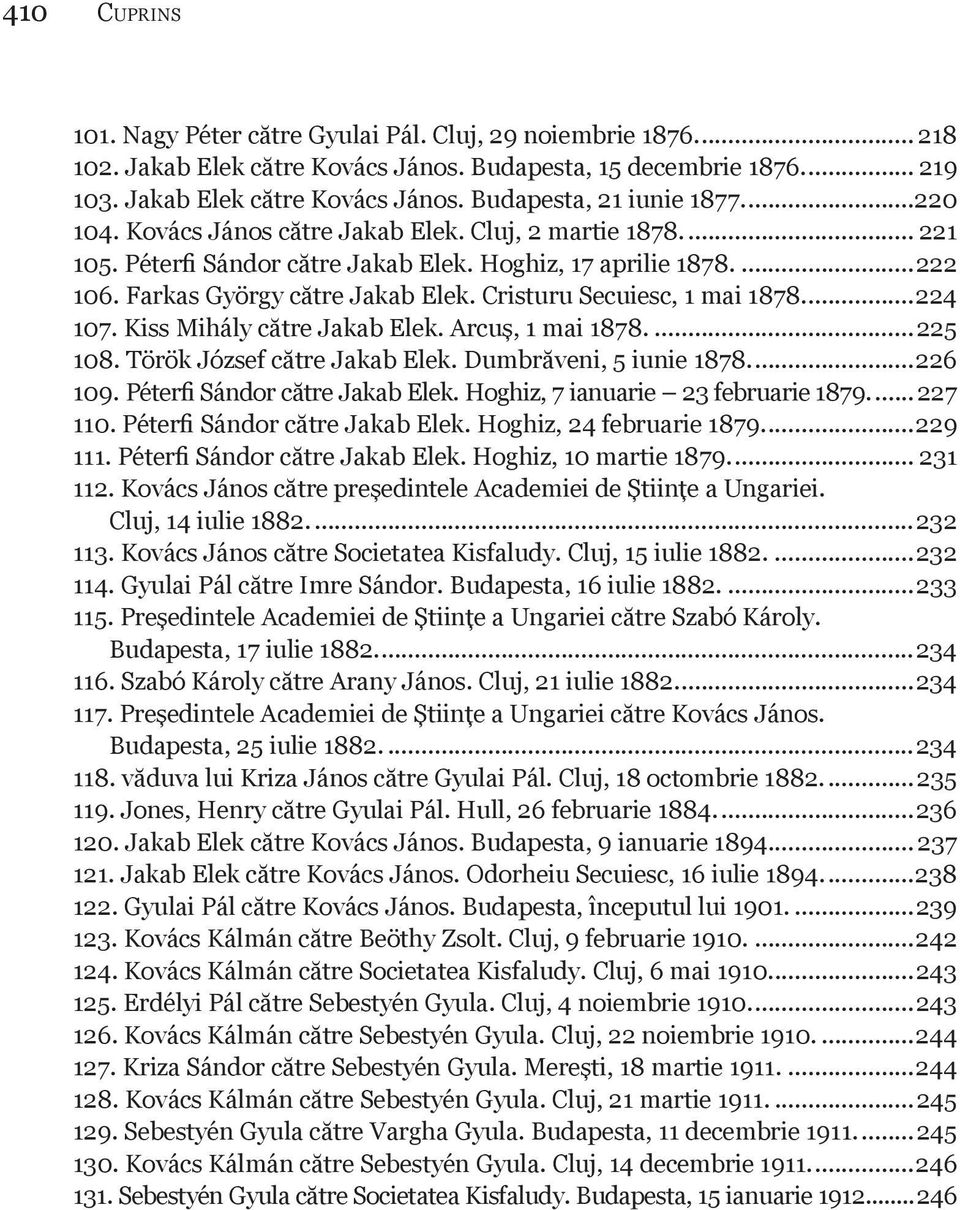 Cristuru Secuiesc, 1 mai 1878...224 107. Kiss Mihály către Jakab Elek. Arcuş, 1 mai 1878...225 108. Török József către Jakab Elek. Dumbrăveni, 5 iunie 1878...226 109. Péterfi Sándor către Jakab Elek.