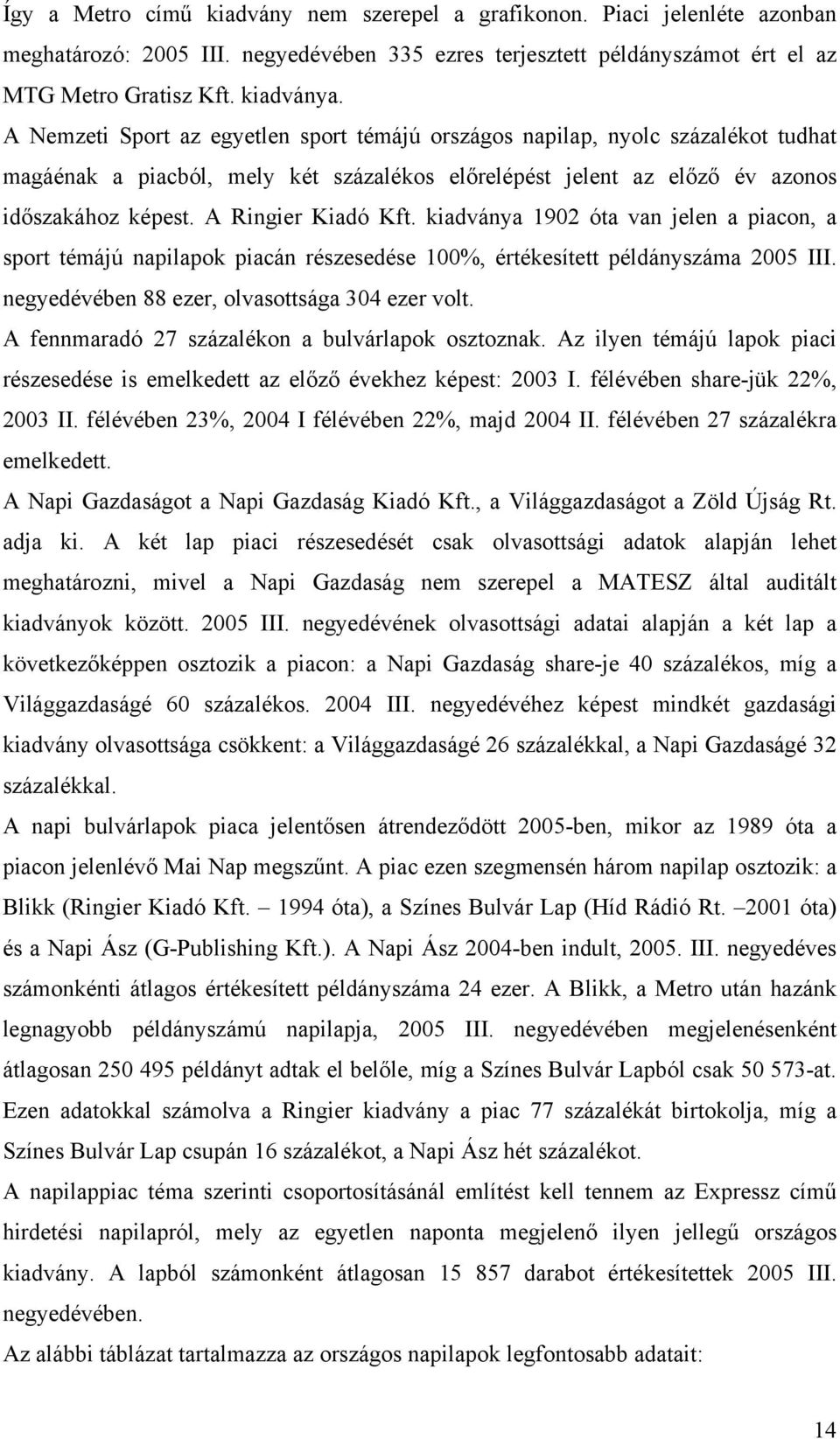 A Ringier Kiadó Kft. kiadványa 1902 óta van jelen a piacon, a sport témájú napilapok piacán részesedése 100%, értékesített példányszáma 2005 III. negyedévében 88 ezer, olvasottsága 304 ezer volt.