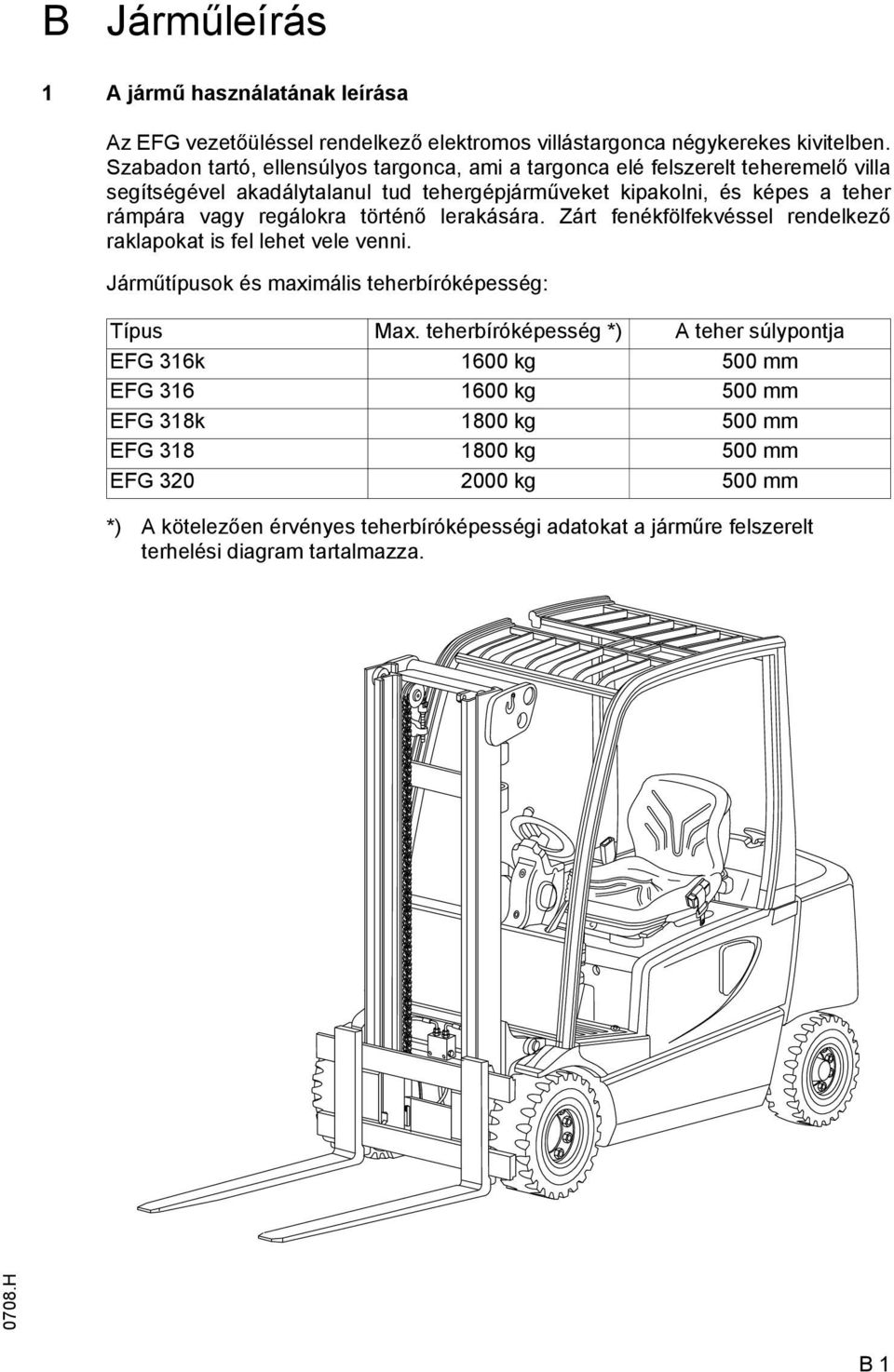 regálokra történő lerakására. Zárt fenékfölfekvéssel rendelkező raklapokat is fel lehet vele venni. Járműtípusok és maximális teherbíróképesség: Típus Max.