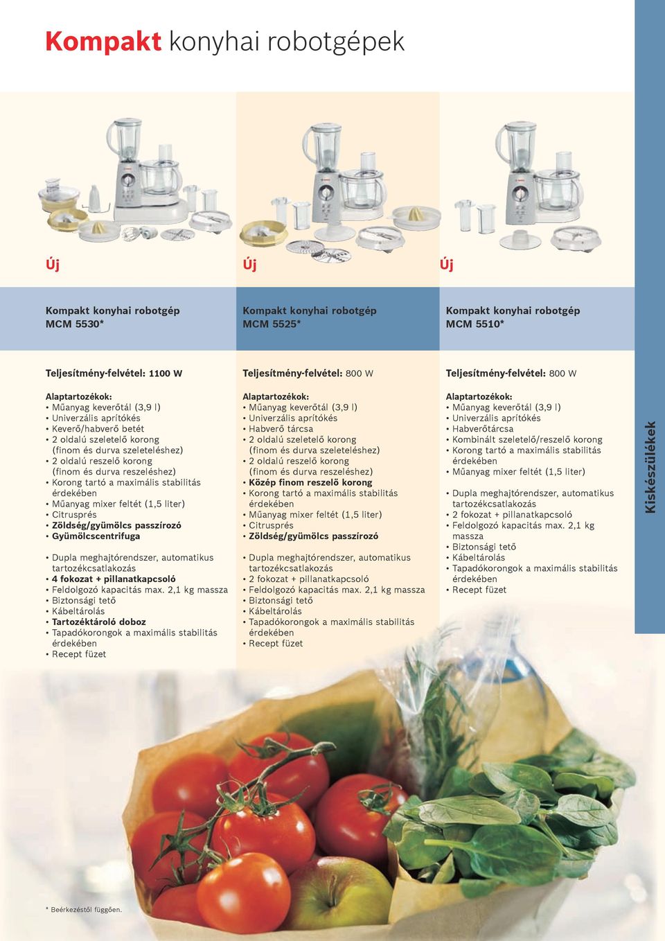 reszelő korong (finom és durva reszeléshez) Korong tartó a maximális stabilitás érdekében Műanyag mixer feltét (1,5 liter) Citrusprés Zöldség/gyümölcs passzírozó Gyümölcscentrifuga Dupla