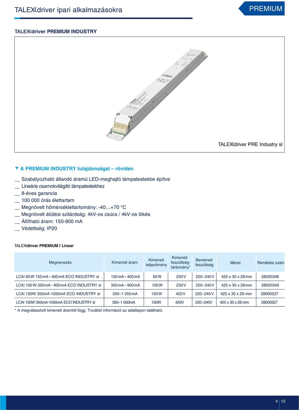 Védettség: IP20 Tdirver PREMIUM I Linear Megnevezés áram teljesítmény feszültségtartomány* Bemeneti feszültség Méret Rendelési szám LCAI 65W 150mA 400mA ECO INDUSTRY sl 150mA 400mA 65W 250V 220~240V